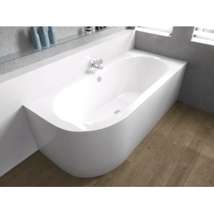 Weiße Acryl Eckbadewanne AVITA 180x80 mit Acrylschürze und Ablauf. Modernes Bad-Design.