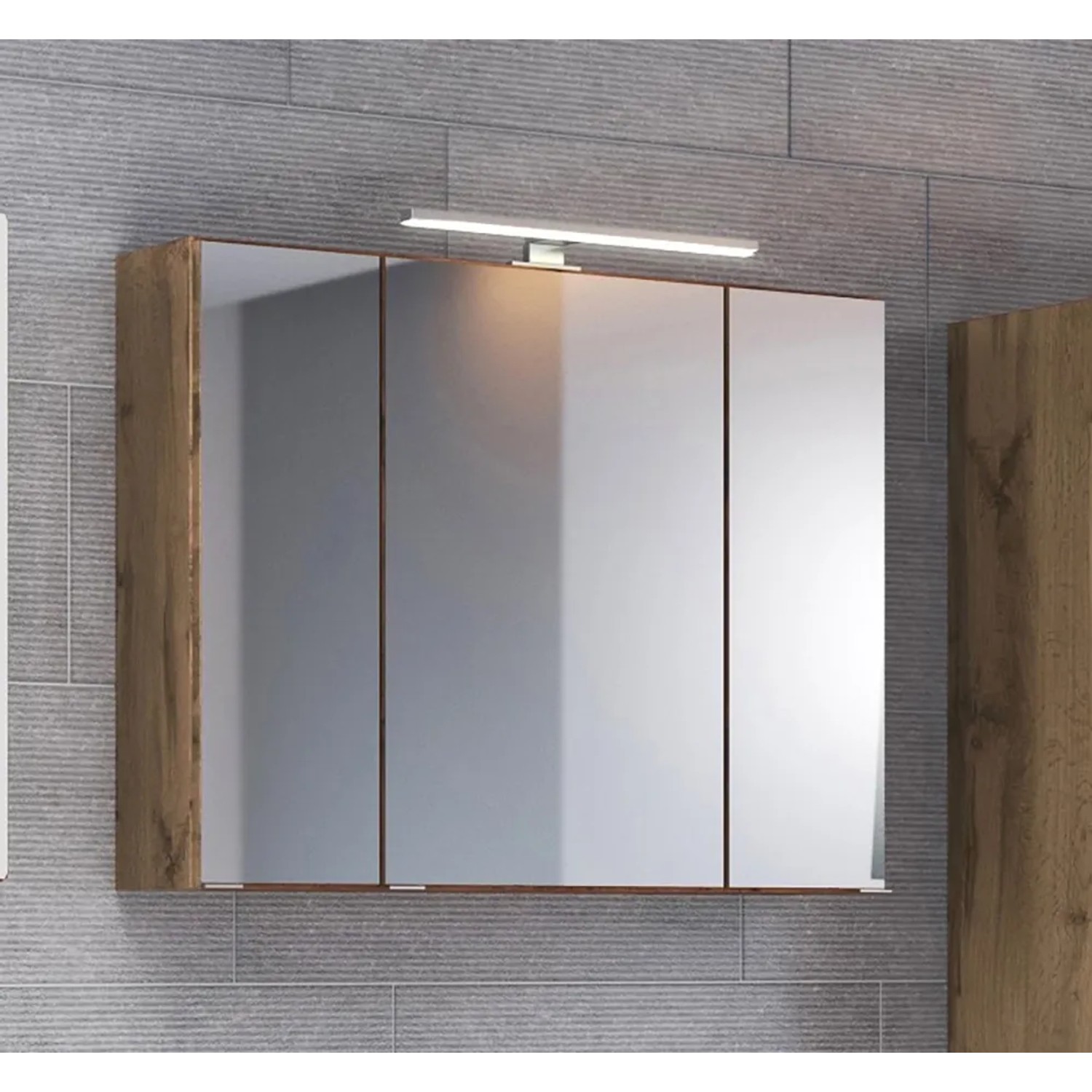 Held Möbel Bari Badmöbel-Set: Spiegelschrank in Weiß/Wotaneiche mit LED-Lampe.
