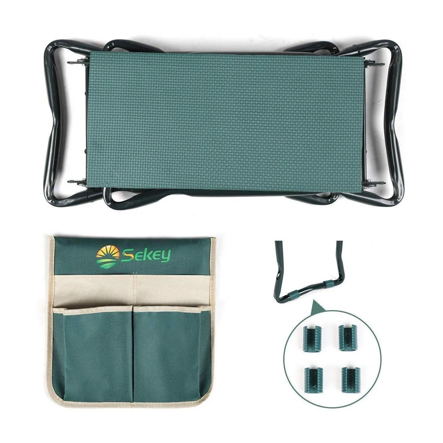 Sekey 2-in-1 Kniebank/Gartenhocker mit grünem Polster, klappbar. Inkl. Werkzeugtasche und Gummifüßen für Gartenarbeit.