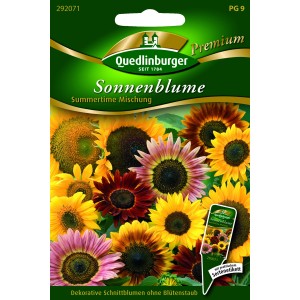 Quedlinburger Sonnenblume 'Summertime Mischung', farbenfrohe Blütenvielfalt auf der Saatgutpackung.