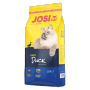 JosiCat Katzen-Trockenfutter Crispy Duck 10kg, gelbe Verpackung mit Katzenmotiv.