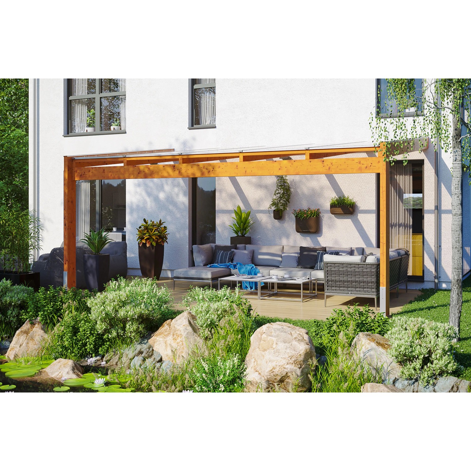 Skan Holz Terrassenüberdachung Novara 557 cm x 309 cm Eiche hell