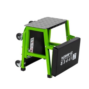 Grüner Zipper Montagehocker-Trittstufenkombi ZI-MHKT4, mobil, mit Rollen und schwarzer Trittfläche.