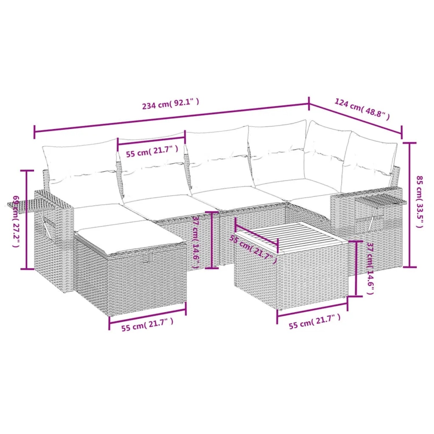 Beige 7-tlg. Garten-Sofagarnitur aus Polyrattan mit Kissen. Gartenmöbel für Terrasse und Garten.