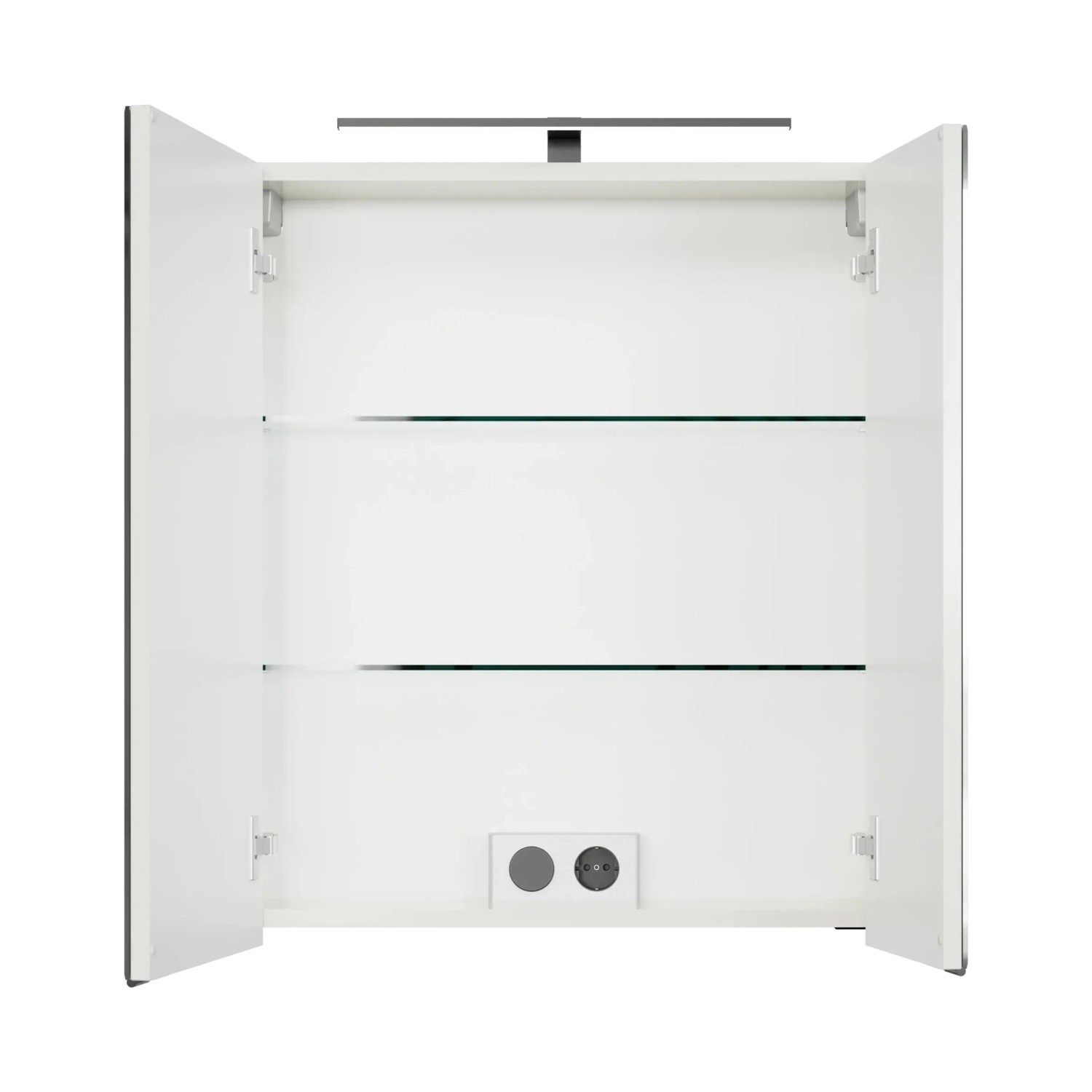 Offener Pelipal Spiegelschrank Quantum 07, Schneeweiß Glanz, 60 cm, mit LED-Leuchte und Glasböden.
