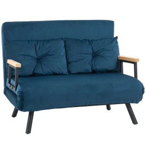 Blaues HOMCOM Schlafsofa mit Rückenkissen, Stahlgestell und Holzarmlehnen.
