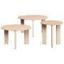 Set aus 3 runden Couchtischen aus hellem Massivholz Kiefer in Natur. Ideal für Wohnzimmer.