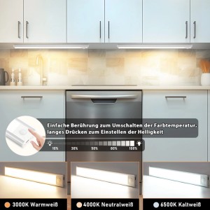 Silberne NETTLIFE LED Unterbauleuchte in Küche, zeigt 3 Lichtfarben (warm, neutral, kalt) und Dimmbarkeit. Ideal für Schränke.