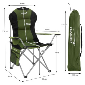 Hauki Campingstuhl, faltbar, Khaki, mit Getränkehalter und Tragetasche, Maße eingezeichnet.