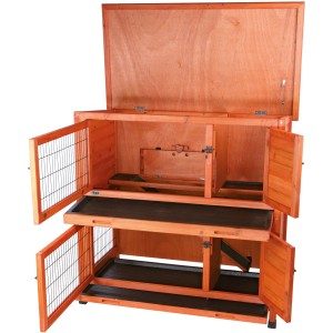 Trixie Kleintierstall Natura, 2 Etagen, aus Kiefernholz mit Metallgittern und geöffnetem Dach.