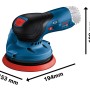 Bosch Professional Akku-Exzenterschleifer GEX 12V-125 Solo, blaue Schleifmaschine mit Maßangaben.