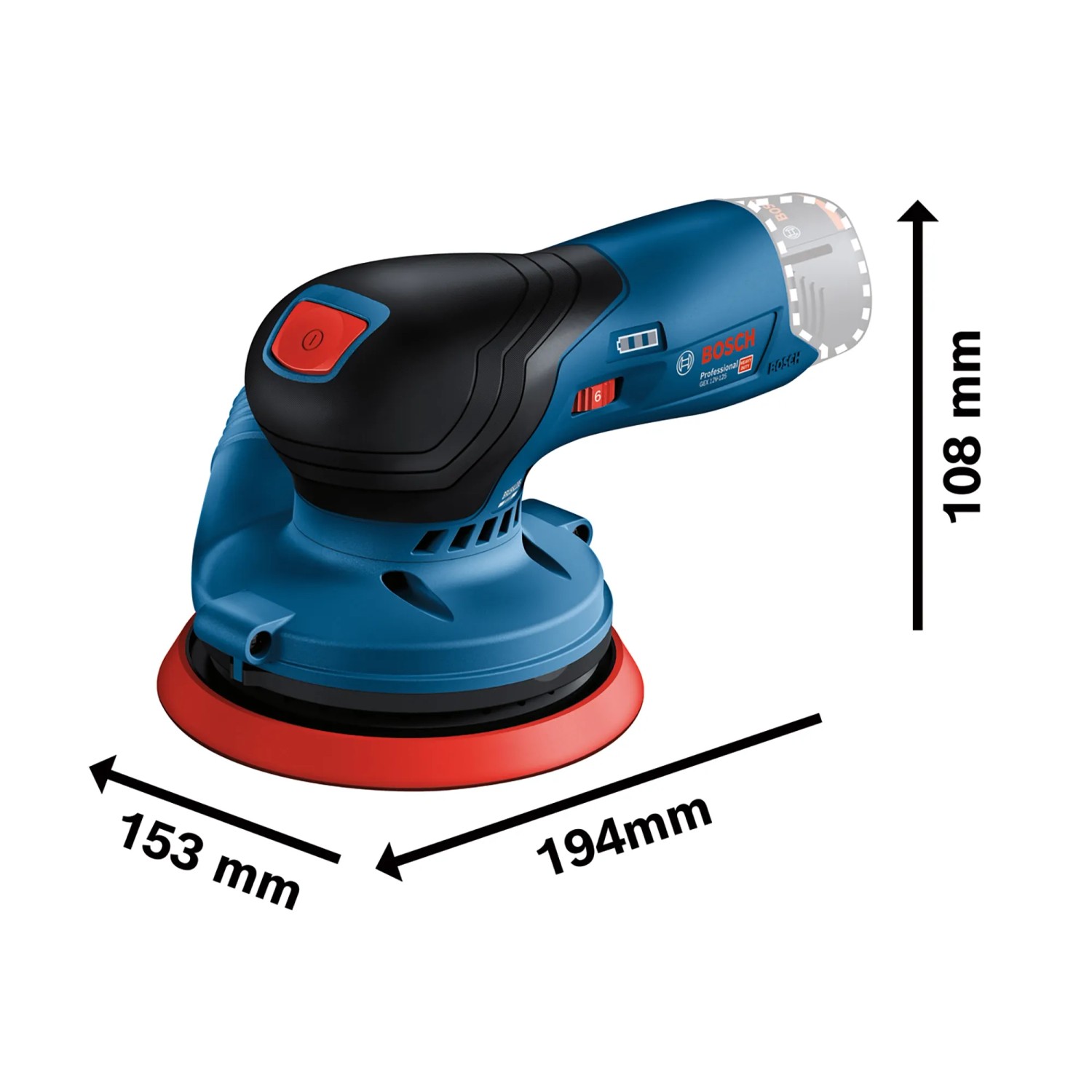 Bosch Professional Akku-Exzenterschleifer GEX 12V-125 Solo, blaue Schleifmaschine mit Maßangaben.
