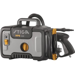 Kompakter Stiga Hochdruckreiniger HPS 110 mit Zubehör und Kabelaufwicklung.