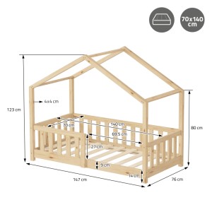 ML-Design Hausbett 70x140 cm, Natur Kiefernholz mit Rausfallschutz, Maße