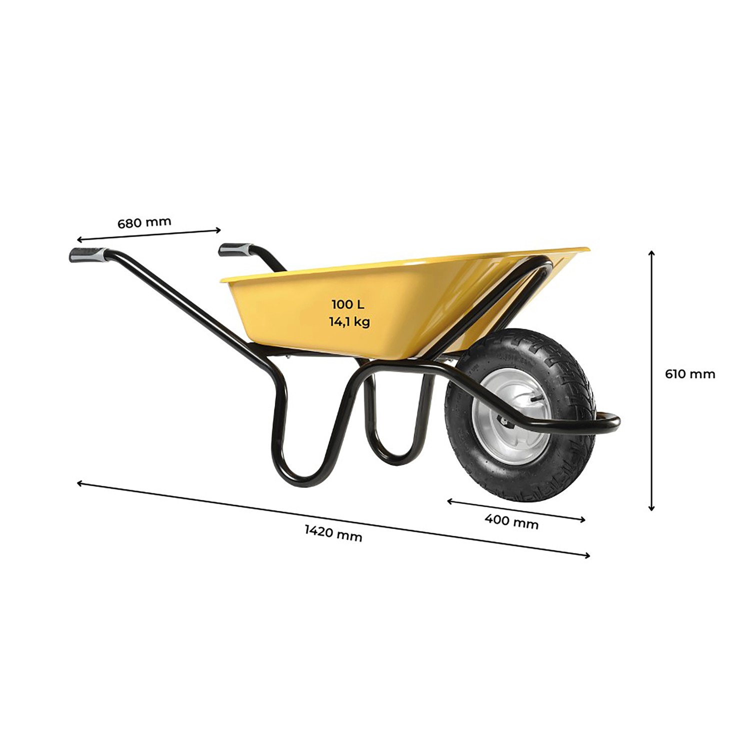 Gelbe Haemmerlin Bau Plus Schubkarre mit 100 l und Luftrad. Ideal für Bauarbeiten.