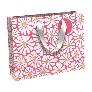 Clairefontaine Geschenktasche Shopper Sunny Flowers, pink mit weißen Blumenmuster und weißen Bändern.