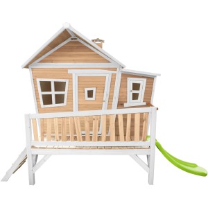 Axi Emma Spielhaus mit Rutsche, braun-weiß, aus Holz. Spielturm mit Leiter, Veranda und lindgrüner Rutsche.