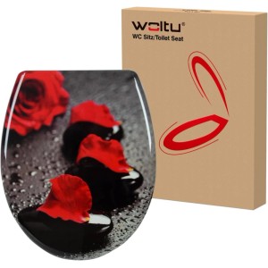 WOLTU WC-Sitz Duroplast, O-Form, mit rotem Rosen-Design, Absenkautomatik und Schnellbefestigung. Sanitärinstallation.