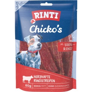 Rinti Chicko Rindstreifen, 60g Hunde-Snack aus 100% Rind, im transparenten Beutel.