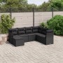 Schwarze 7-tlg. vidaXL Garten-Sofagarnitur aus Poly Rattan mit Kissen im Garten.