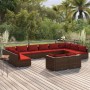 Braunes 12-tlg. vidaXL Garten-Lounge-Set aus Rattan mit zimtroten Kissen auf einer Holzterrasse.