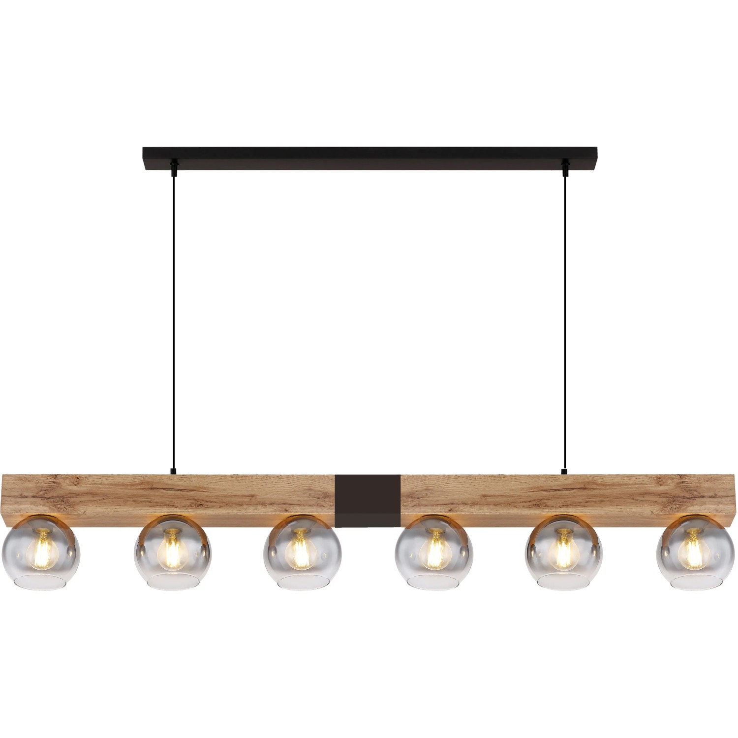 Moderne Globo Pendelleuchte Moitas, 6-flammig, schwarz matt mit Rauchglas-Schirmen.