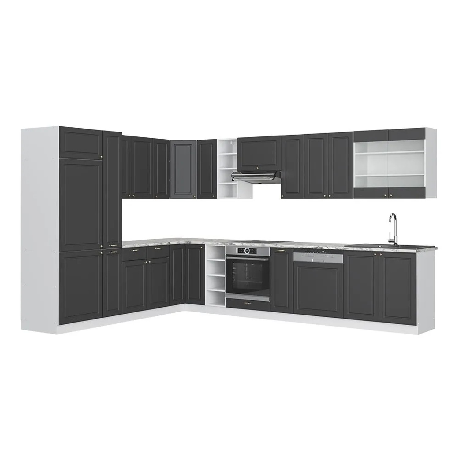 Vicco Eckküche Fame-Line Anthrazit-Gold/Weiß 347 x 82, AP Marmor