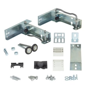 Hörmann Klapprollenhalter-Set für Garagentore bis 3 m, bestehend aus Metallhalterungen, Rollen und Befestigungsmaterial.