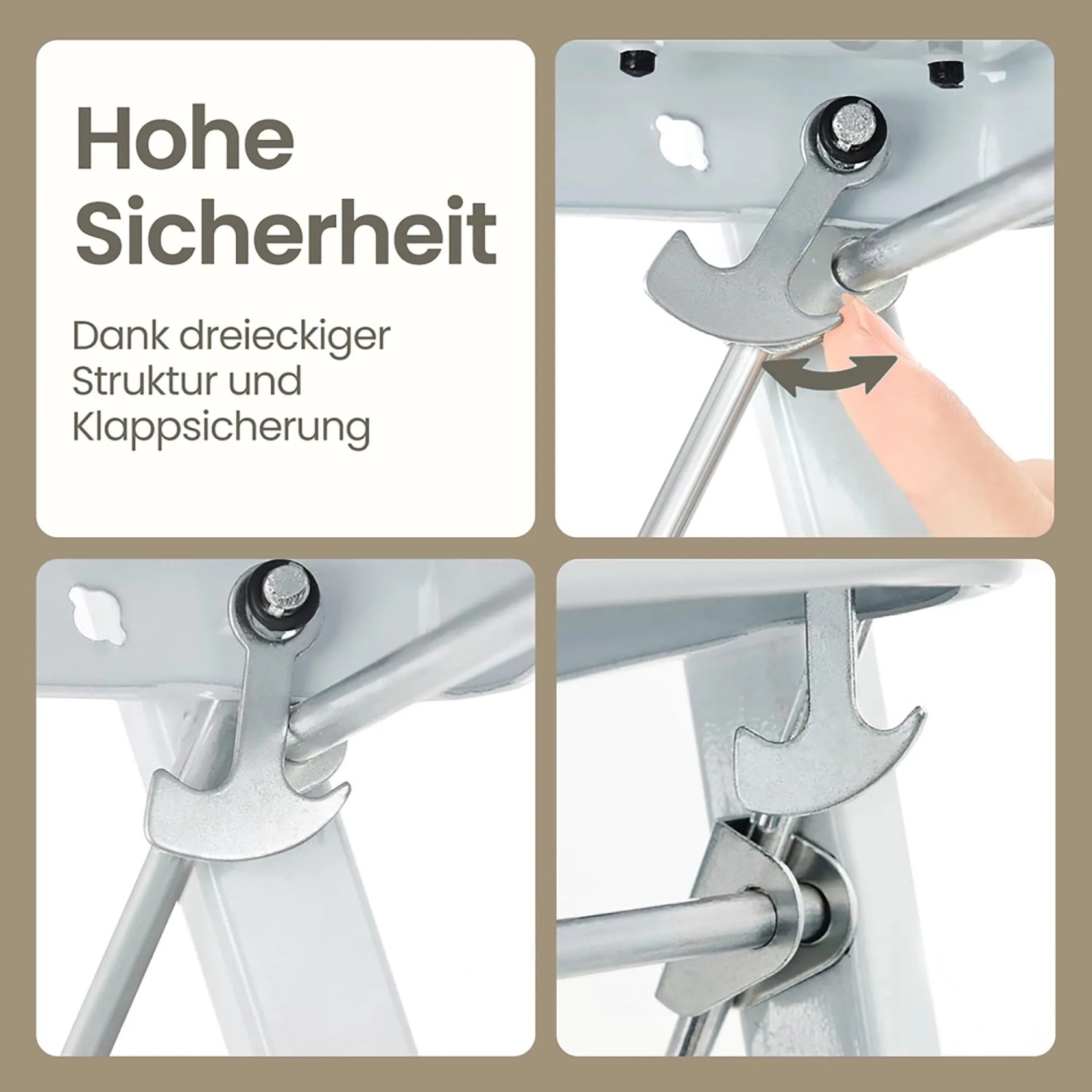 Detailaufnahme der Klappsicherung der weißen Songmics Trittleiter Brody mit 3 Stufen.