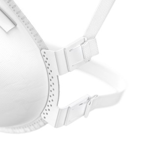 Detailaufnahme: Weiße Dräger Feinstaubmaske X-plore 1330 V FFP3 mit Ventil und verstellbaren Bändern.