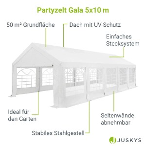 Weißes Juskys Partyzelt Gala 5x10 m mit Stahlgestell und abnehmbaren Seitenwänden.