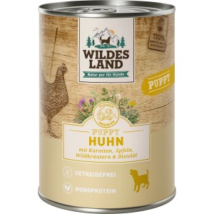 Wildes Land Hunde-Nassfutter Puppy Huhn, 400g Dose. Nassfutter mit Karotten und Wildkräutern für Welpen.