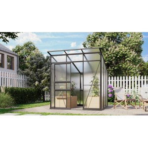 Schwarzes Vitavia Gewächshaus Palma 4450 mit Fundamentrahmen im Garten.