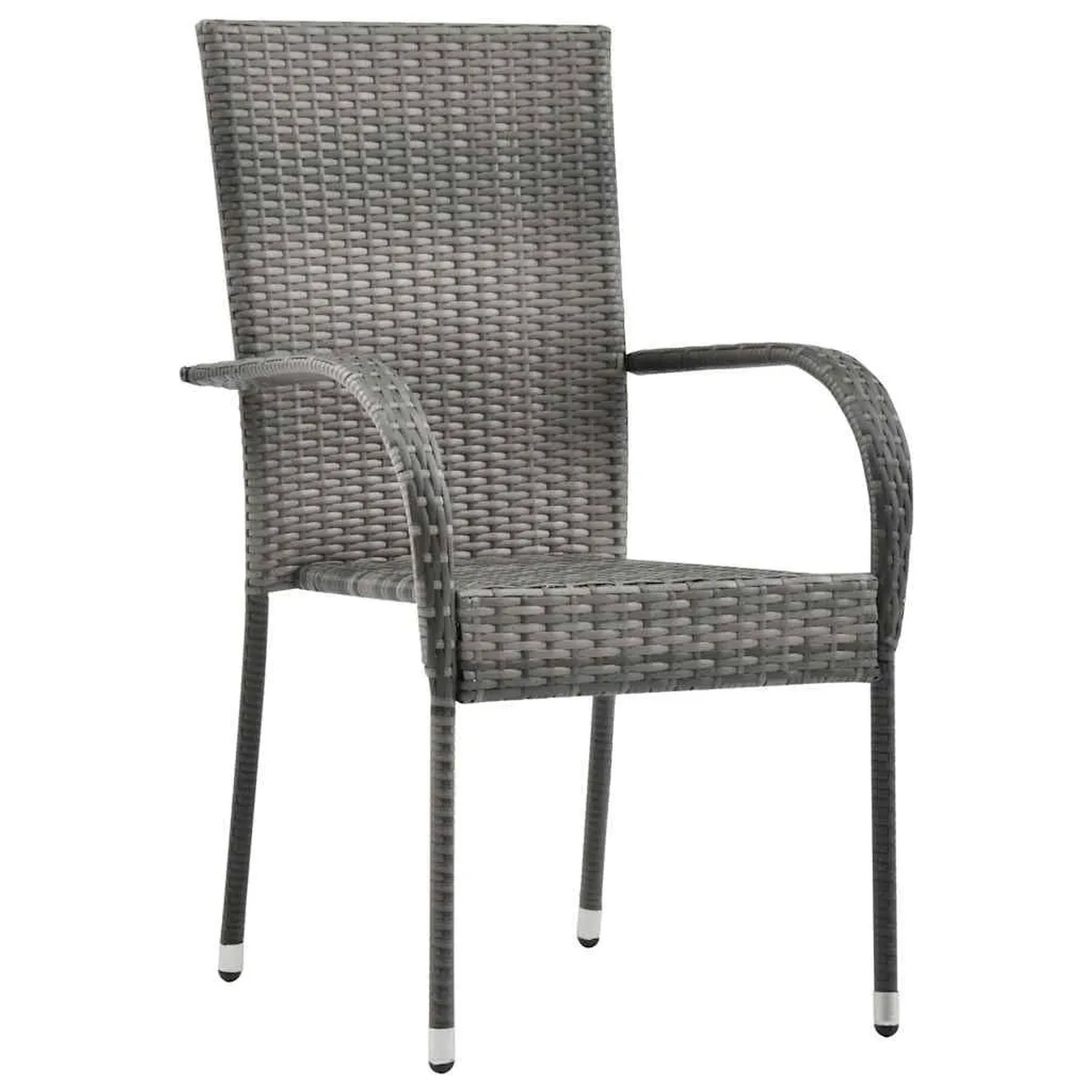 Grauer Furnicato Gartenstuhl, stapelbar, aus Polyrattan mit Armlehnen.