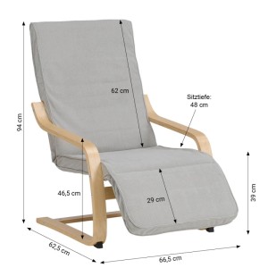 Homestyle4u Relaxsessel mit grauem Cordbezug, Holzgestell und ausziehbarer Fußstütze. Maße des Schaukelstuhls sind sichtbar.