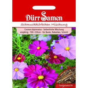 Dürr Samen Cosmea Prachtmischung Saatgutpackung mit leuchtenden pink-lila Cosmos bipinnatus Blüten und Samenansicht.