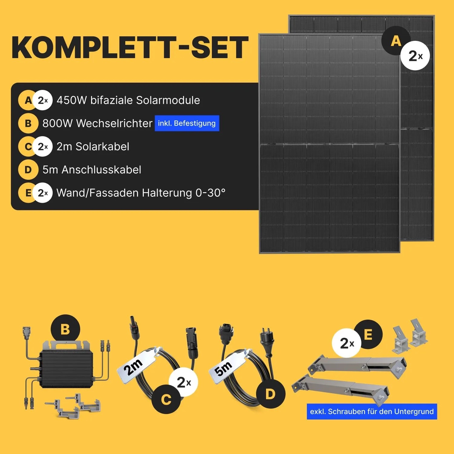 Solakon Balkonkraftwerk 900W Komplettset: 2x 450W Solarmodule, 800W Wechselrichter, Kabel, Wandhalterung. Steckerfertig.