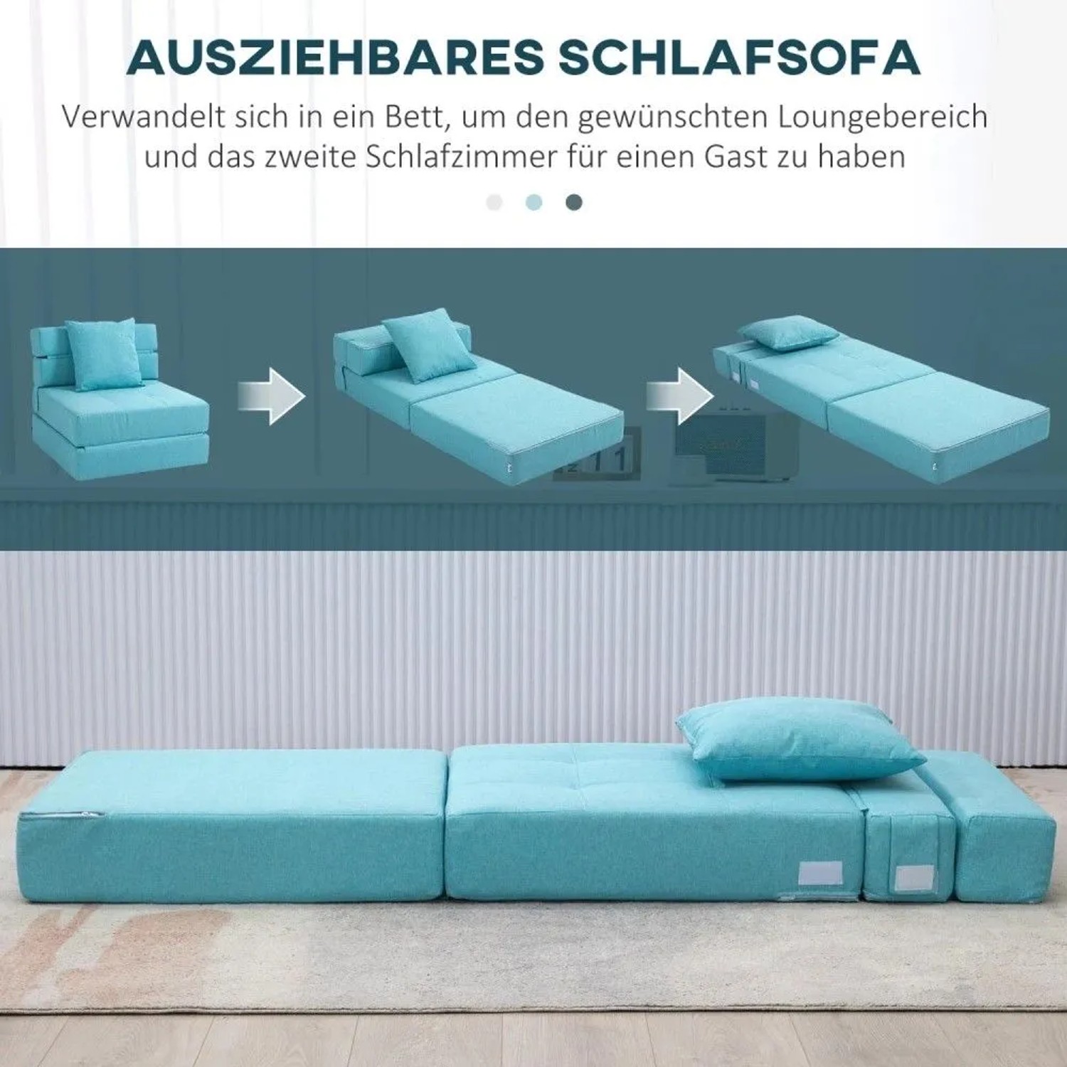 Türkiser HOMCOM Schlafsessel 2-in-1, klappbar, mit Bettfunktion. Verwandelt sich von Sofa zu Gästebett.