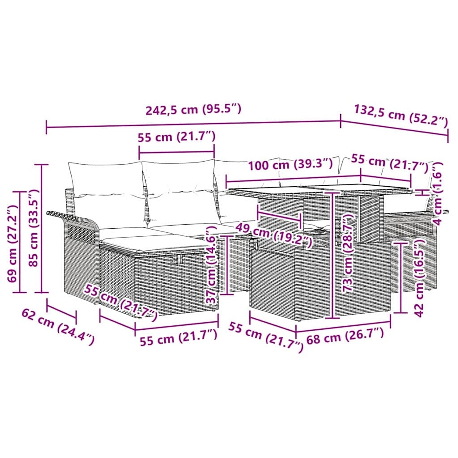 vidaXL Gartenmöbel-Set, 7-teilig, beige Poly Rattan, mit Kissen und Stauraum. Ideal für Terrasse und Garten.
