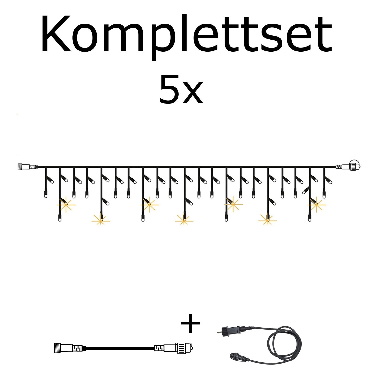 LED Lichtervorhang Eisregen Komplettset mit 5x 3m Elementen, schwarzem Kabel und Trafo für Außenbeleuchtung.