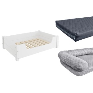 Weißes Hunde- bzw. Haustierbett aus Kiefernholz mit Rollrost und Matratze. Gemütliches Hundesofa für kleine bis mittelgroße Hunde.