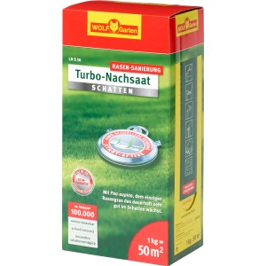 Wolf-Garten Turbo Nachsaat Schatten, 1kg Packung für Rasenreparatur in schattigen Bereichen.