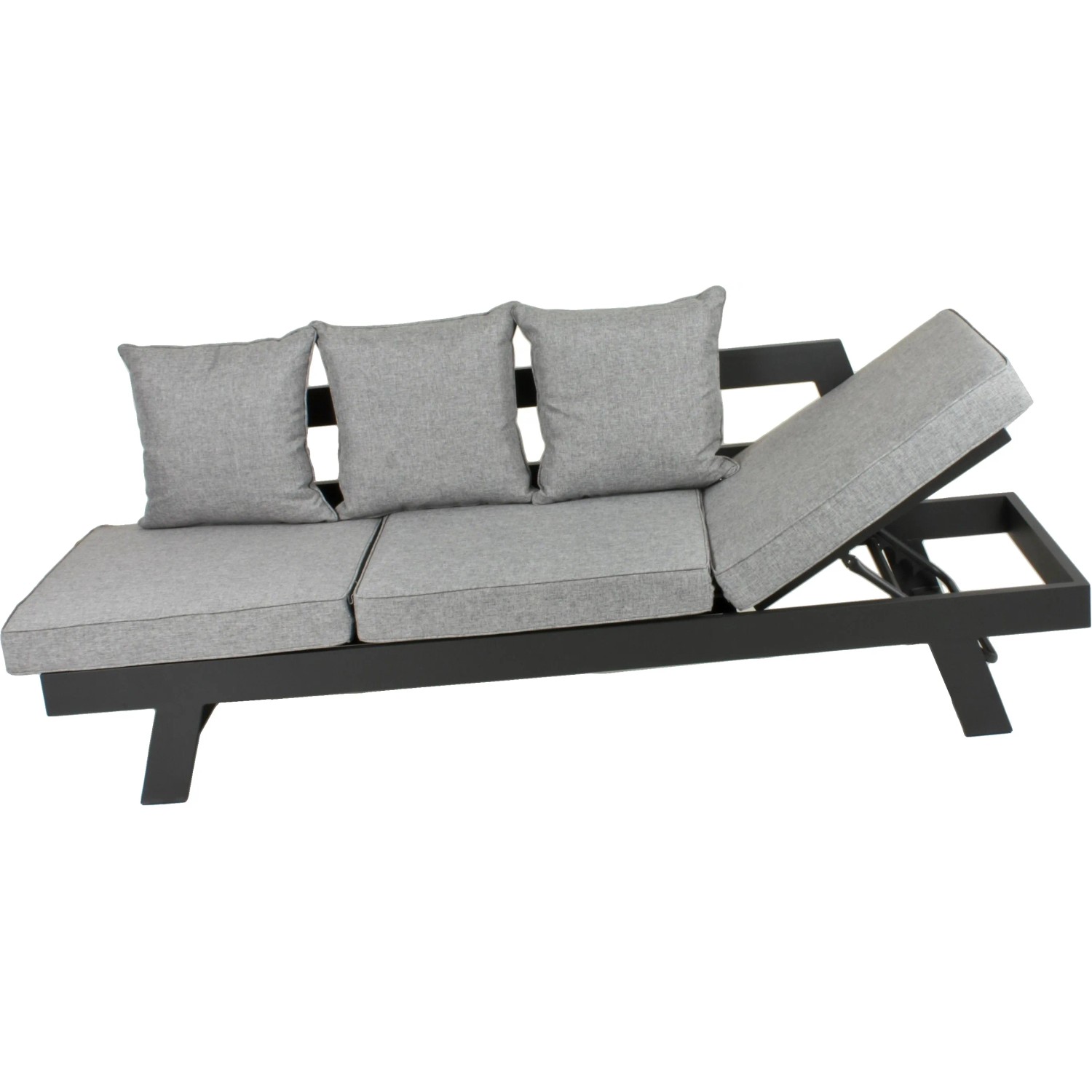 Graues Funktionssofa Donna für den Garten mit verstellbarer Liegefläche und Aluminiumgestell.