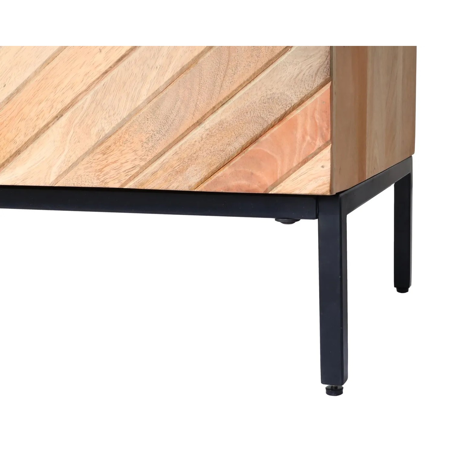 Detailaufnahme: MCW Highboard L95, Schubladenkommode aus Mangoholz mit schwarzen Metallfüßen.