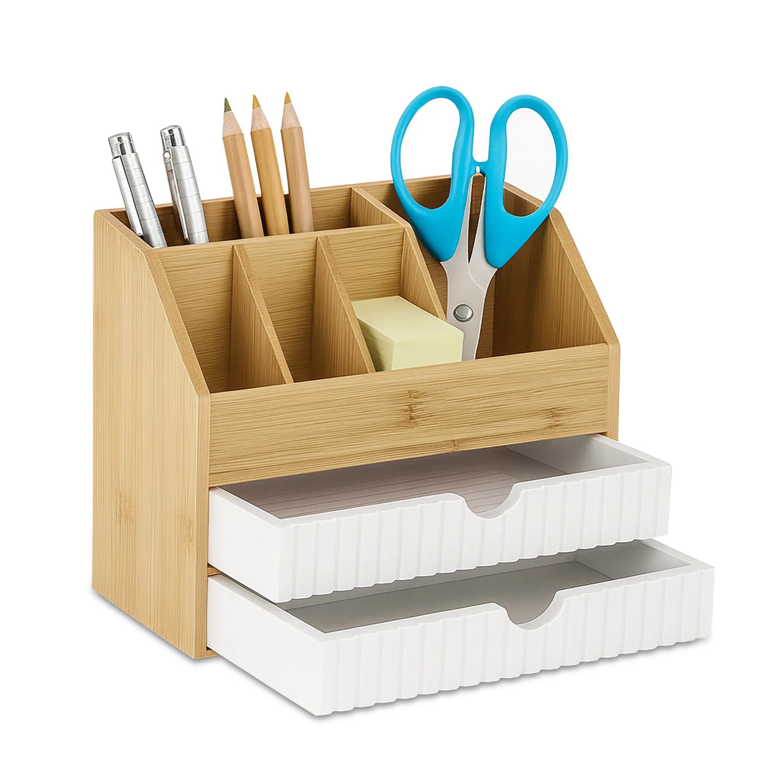 Relaxdays Schreibtisch Organizer Bambus mit 2 Schubladen und 5 Fächern 19 cm x 24 cm x 14 cm 1,4 kg