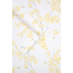 Laura Ashley Vliestapete Forsythia Sunshine mit gelben Blüten auf weißem Grund.