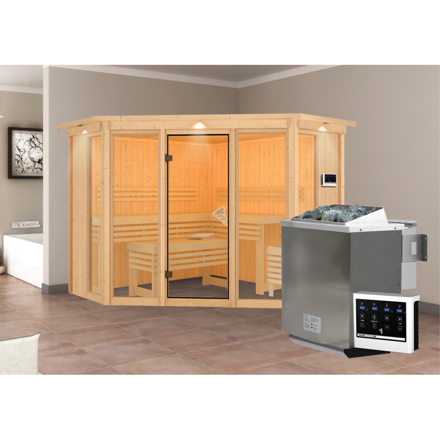 Karibu Sauna Anea 2 mit Bio-Ofen externe Stg.LED-Dachkranz Natur