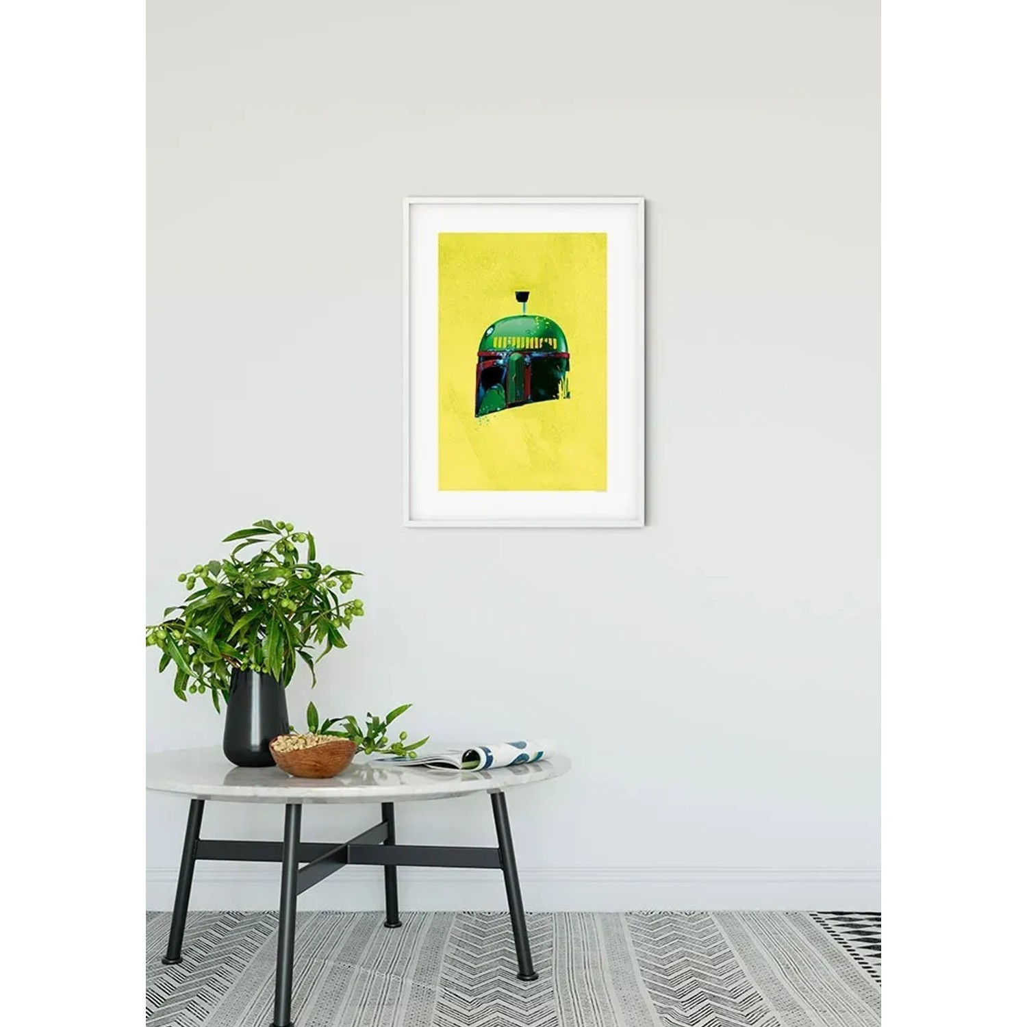 Komar Wandbild Star Wars Boba Fett, 40x50 cm, zeigt den Helm des Kopfgeldjägers in Gelb, Grün und Schwarz.