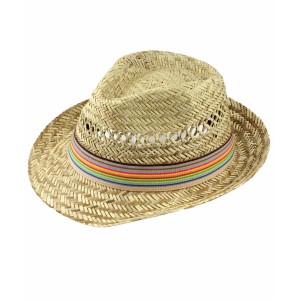 Beiger Kinder-Strohhut 'Basti' mit farbigem Hutband, ideal für Garten und Freizeit.