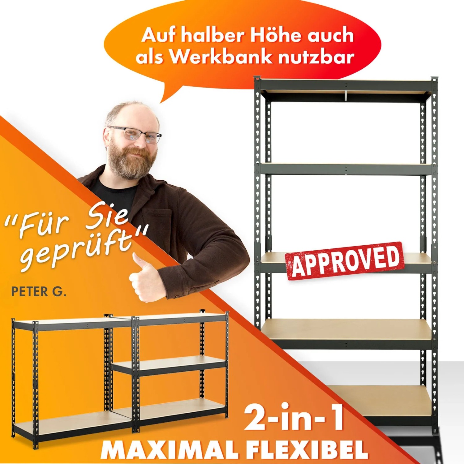 Schwarzes KARAT Schwerlastregal Rhino, 180x90x60 cm, mit 5 Böden und hoher Tragkraft. Flexibel als Werkbank nutzbar.